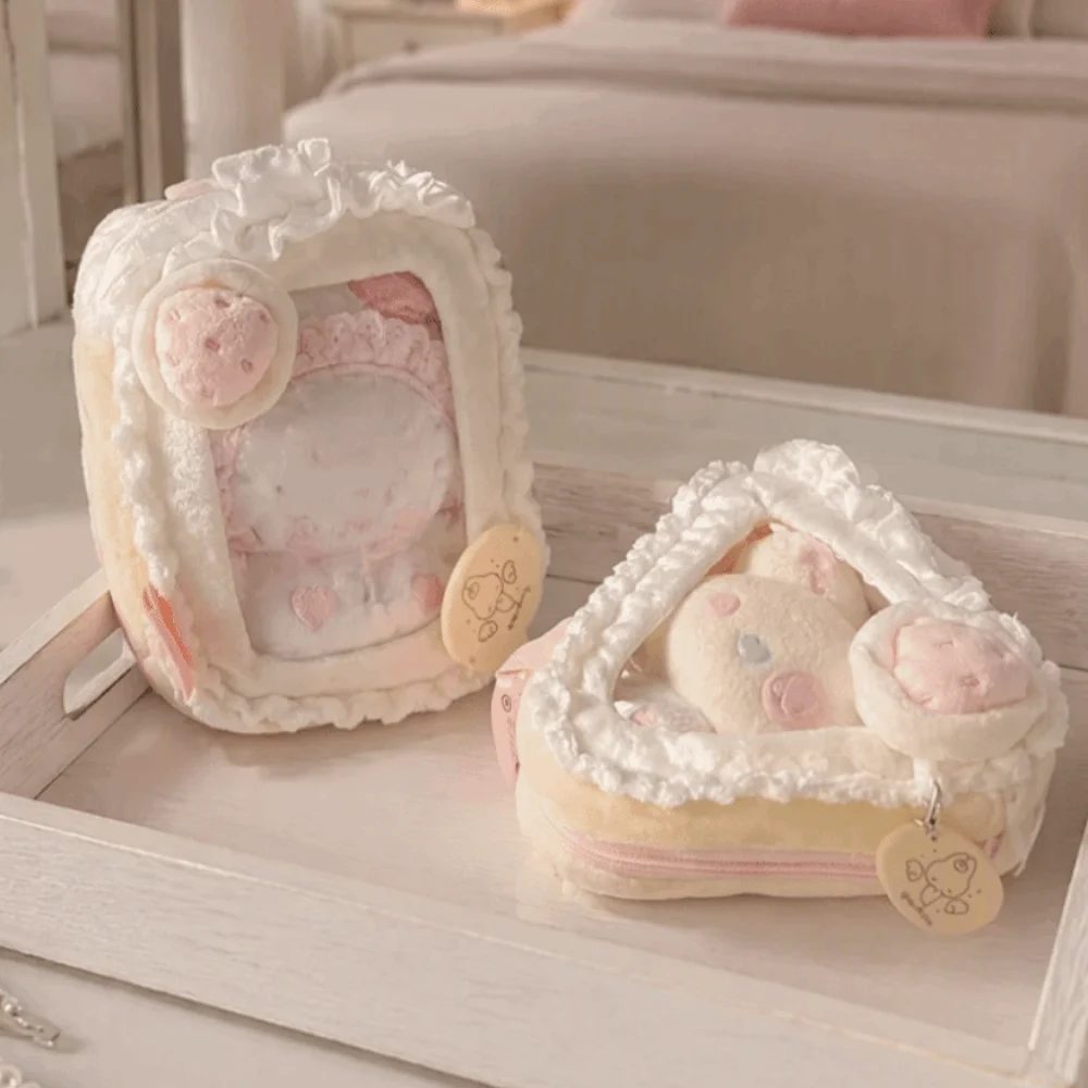 Transparent Strawberry Cake Storage Bag with Clear Window Protector Case PVC Material Heart Kaychain Hanging Storage Bag