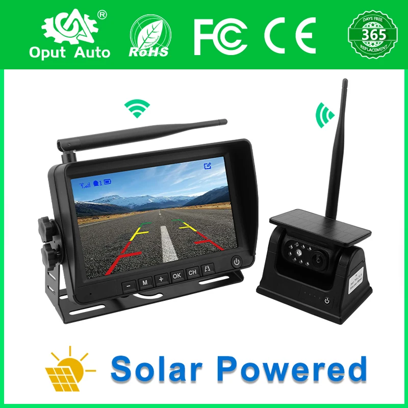 Solar Energy Wireless Reverse Backup Camera with AHD 7 inch Rear View DVR Recording Monitor For Camper/Truck/Hitch/Trailer