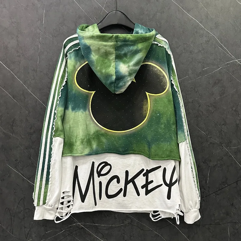 Autumn New Heavy Industry New Style Distressed Fake Two-Piece Cartoon Top Hoodies For Women's Loose Casual Versatile Top Jacket