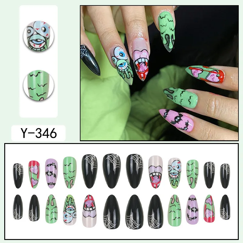 24 Stuks Halloween Graffiti Anime Stijl Nep Nagels Met Spinneweb Ontwerpen Druk Op Nagels Lange Amandel Franse Valse Nagels Afgewerkte Nagels