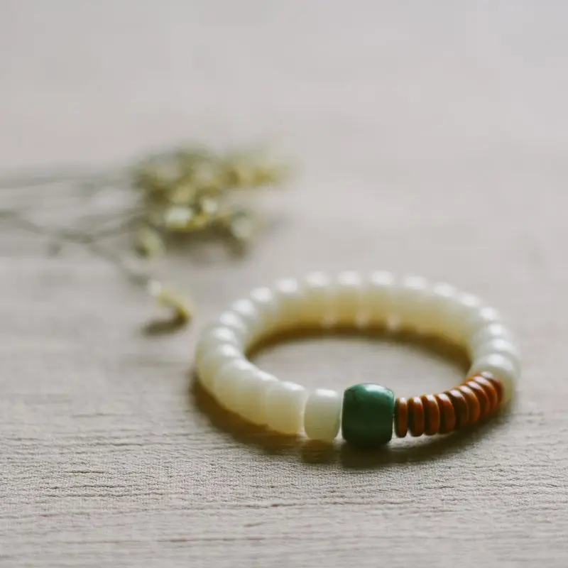 Natural White Jade Bodhi Root Blue Turquoise Unisex Playable Prayer Beads Bracelet