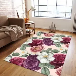 HD-Purple Roses Floral Pattern Rug Floral Carpet for Bedroom Living Room Decor Rose Design Floor Mat Flower Themed Home Rug