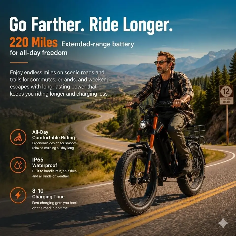 2026  Pro 2 Electric Bike for Adults, Peak 5400W Dual Motor, 43Mph, 60V 70Ah Battery for 220 Miles Range, 20" Fat T image 9