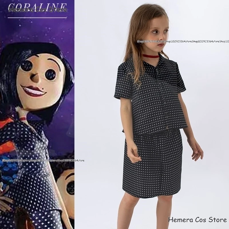 Costume de Cosplay de Coraline de Films de Conte de Fées d'Horreur, Robe Noire, avec Perruque de Porte, Taille Adulte et Enfant, Jeu de Rôle Effrayant Trempé, pour ixd'Halloween