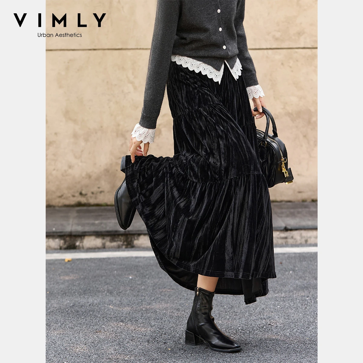 VIMLY Damskie Czarne Aksamitne Spódnice Midi Jesień 2025 Rozkloszowane Warstwowe Plisowane Długie Spódnice Eleganckie Luźne Satynowe Jedwabne Spódnice Damskie A3252