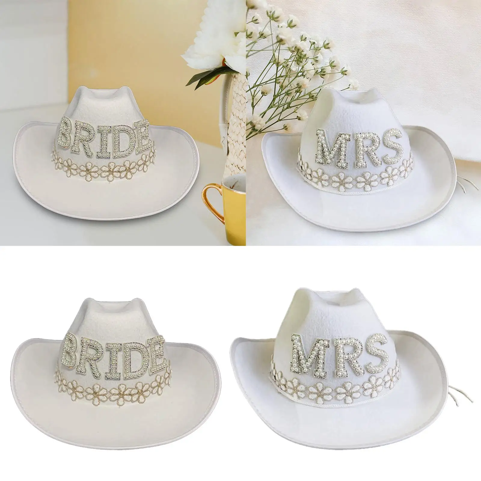 Western Style Hat Wide Brim Pearl Beaded Wedding Hat for Cocktail Outdoor Engagement Party