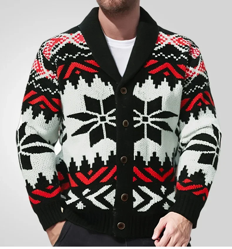 

Men Lapel Cardigan Printed Decor European American Hand Knitting Jacquard Sweater Stretchy Coat Christmas Plus Size Male Sweater