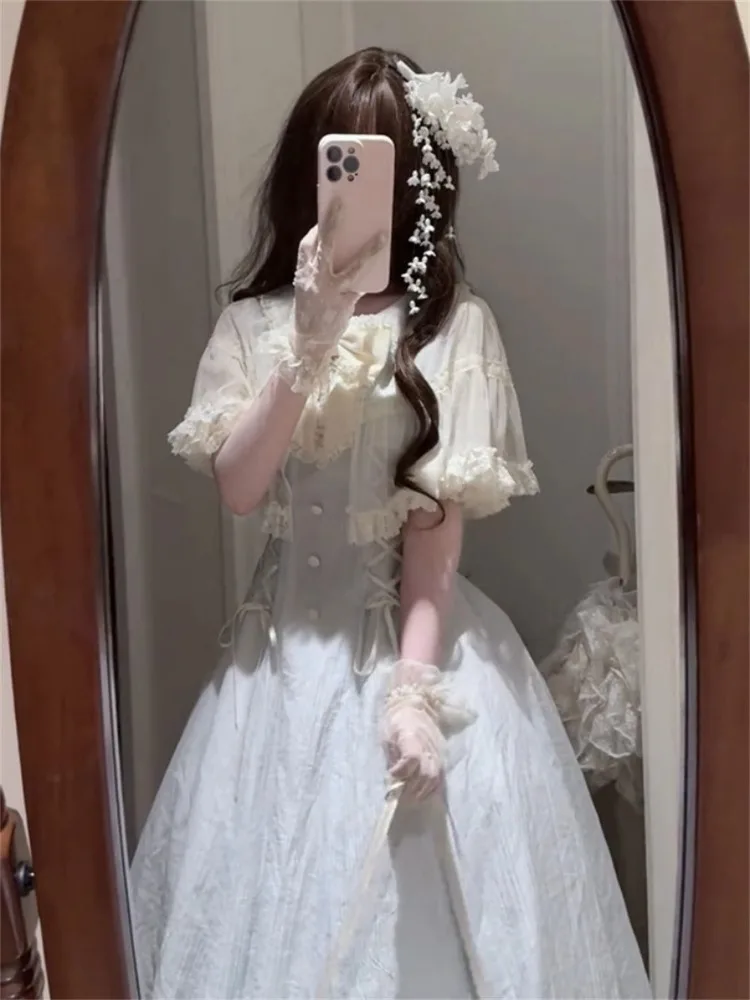 Robe bleue à nœud Lolita pour femmes, tenue d'été à taille fine, à la mode, nouvelle collection 2025