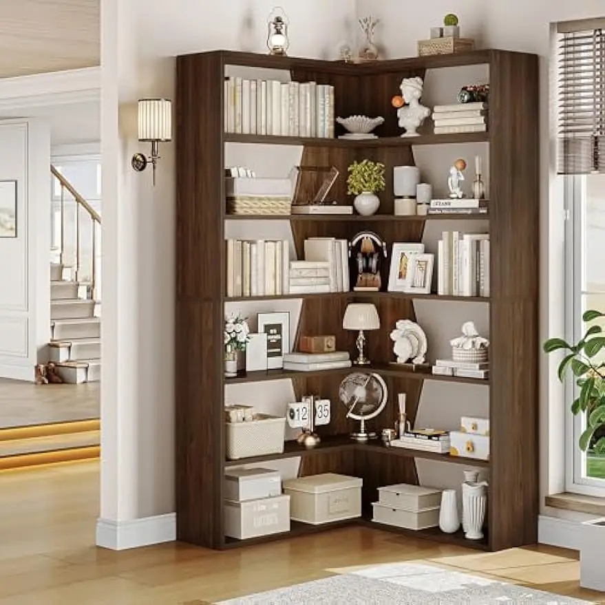 6-Tier Corner Bookshelf, Modern Bookshelf and Bookcase, Tall Bookcase Open Display Storage,  Rustic Brown