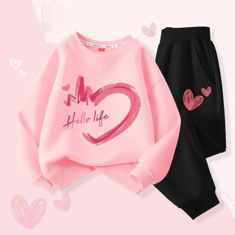 Autumn Baby Girls Clothes Set Kid Heart Printed Sweatshirts Pullover Top And Pants 2 Pieces Suit  Children Sweet Tracksuits