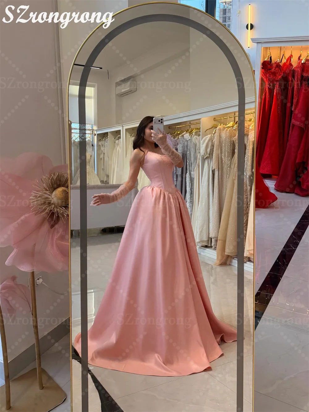 

Custom Made Pink Off Shoulder Satin Pleated Evening Dress A-line Backless Floor Length Beaded Prom Party Dress with Court