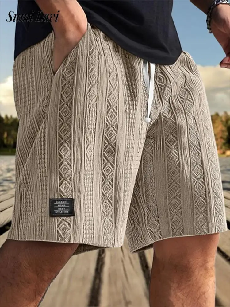 

Стильные мужские шорты на шнурке, пляжные модные свободные прямые короткие брюки на шнуровке, мужские винтажные шорты с геометрической текстурой, мужские