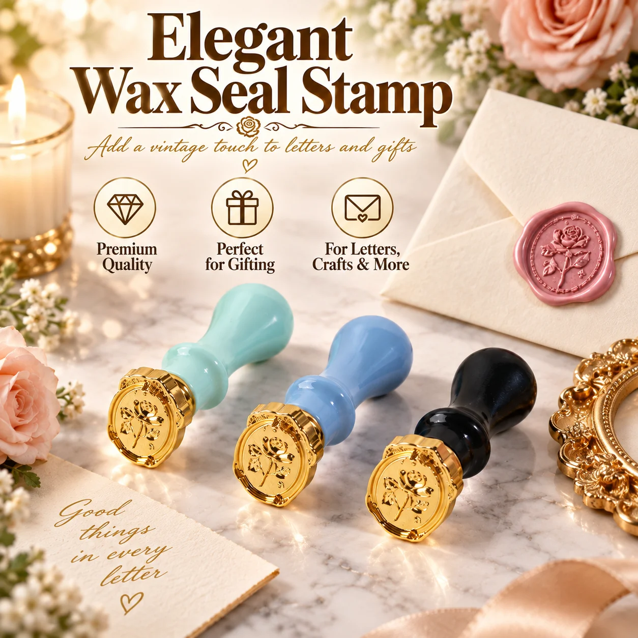 Vintage Rose Wax Seal Stamp Detachable Brass Head 5 Colors Sealing Stamp For Envelope Invitations DIY Crafts Gift