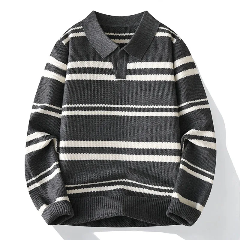 2024 Men's Striped Pullover Sweater, Autumn New Business Casual, Lapel Knitted Sweater