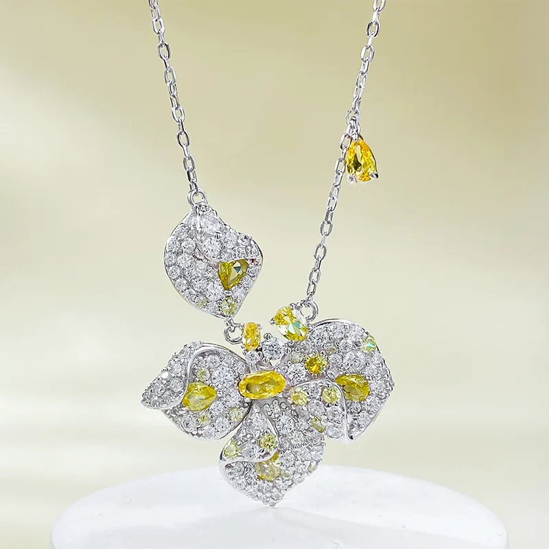 S925 Silver Necklace Rose 3 * 5 Yellow Zircon Inlaid Personalized Fashion Versatile Necklace Boutique Jewelry for Women