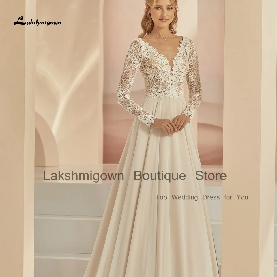 

Lakshmigown Vintage Lace Long Sleeve Boho Wedding Dress 2023 V Neck Civil Bridal Beach A Line Wedding Gowns Robe De Mariee