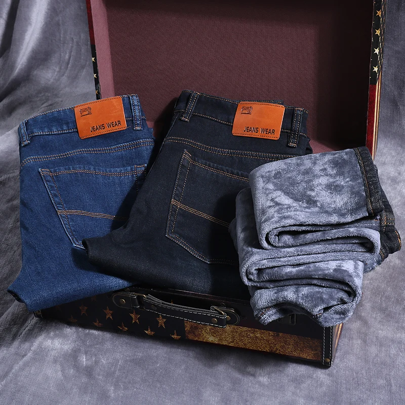 Pantalones vaqueros cálidos de talla grande para hombre, Jeans gruesos rectos elásticos de lana de alta calidad, informales, de marca, a la moda,