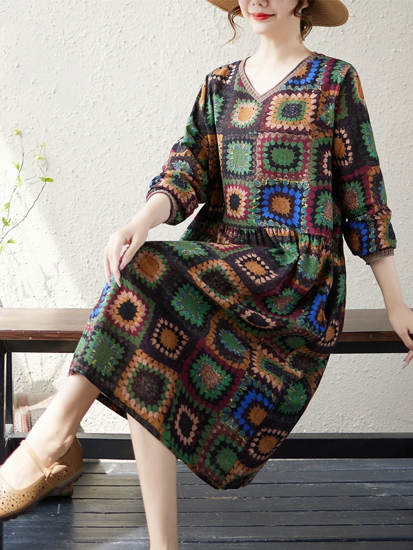 Casual vintage longo sve dr feminino plus size solto ajuste outono inverno faion ele dr confortável cintura solta