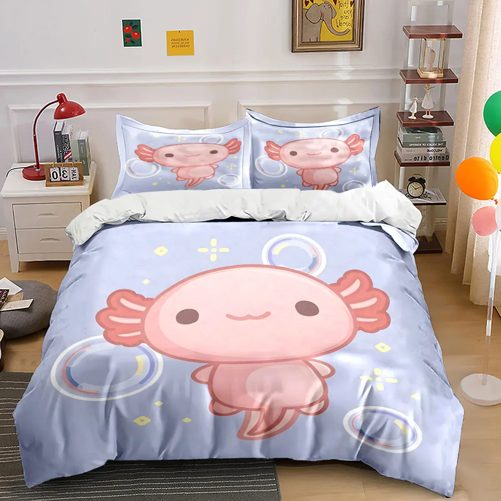 Cute pink cartoon salamander and bubbles Duvet Cover Set Digital Print Colorful Polyester Bedding with Zipper Closur for gifts
