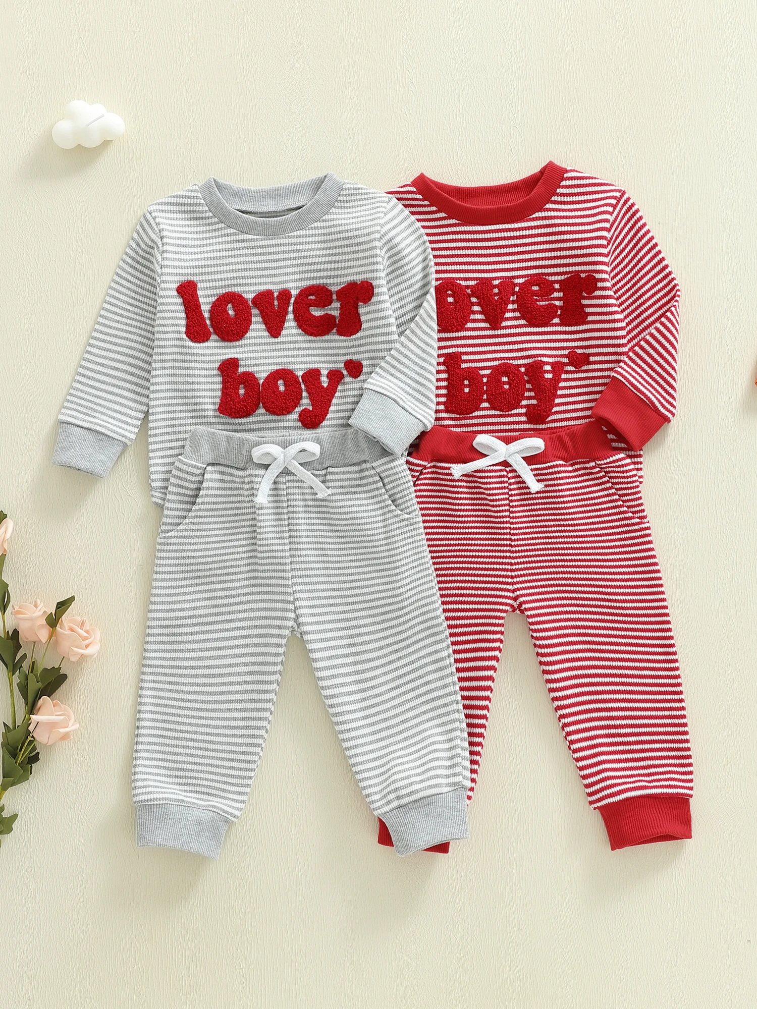 

Baby Boy s Striped Clothing Sets Fashionable Long Sleeve Letter Embroidery Romper with Pants 2Pcs Fall Outfits