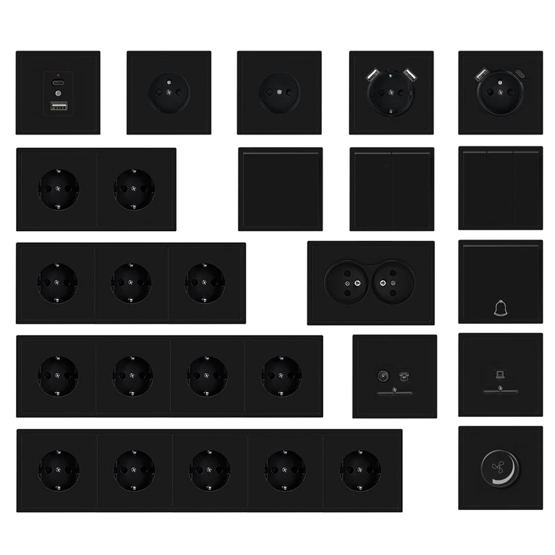 80*80mm European standard round base, black matte high-quality PC flat panel, household wall switch socket series