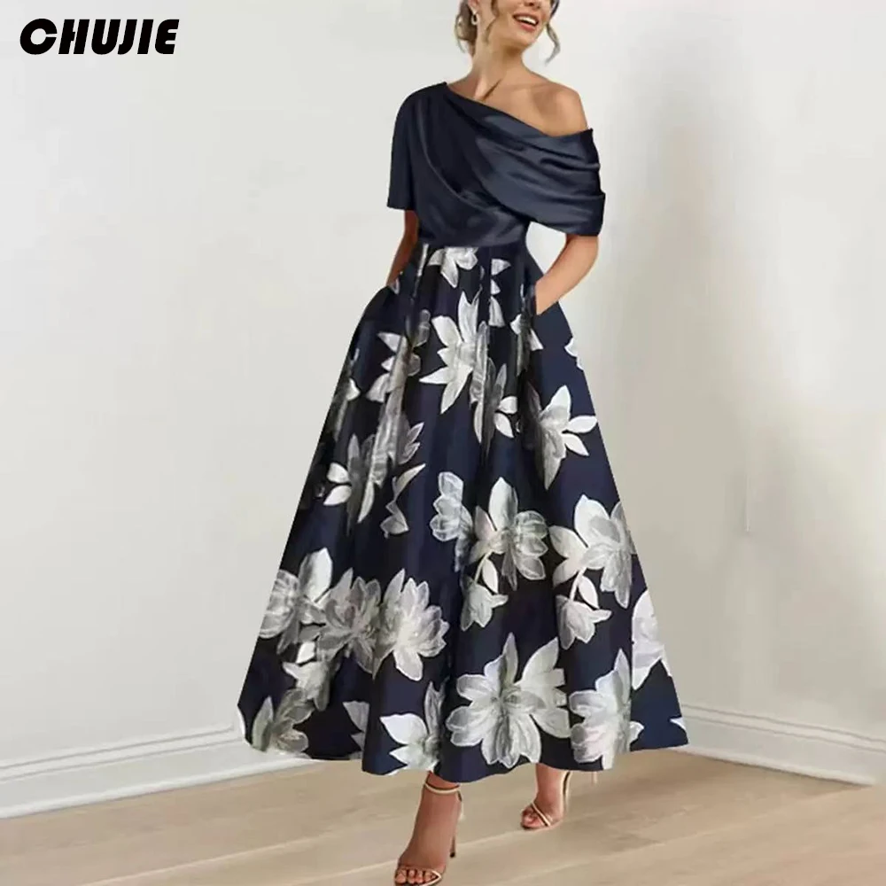 Flower Print Mother of The Bride Dress 2025 Prom Party Gowns Off Shoulder Women Wedding Guest Dresses Formal Evening Dress