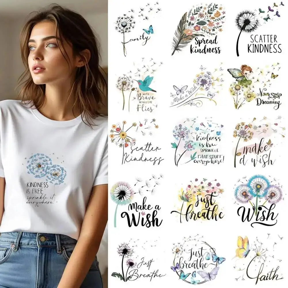 25CM Fashion Dandelion Blowing Letter Transfer Patches For Clothes DIY A-Level Washable Shirt Iron-on Thermal Stickers