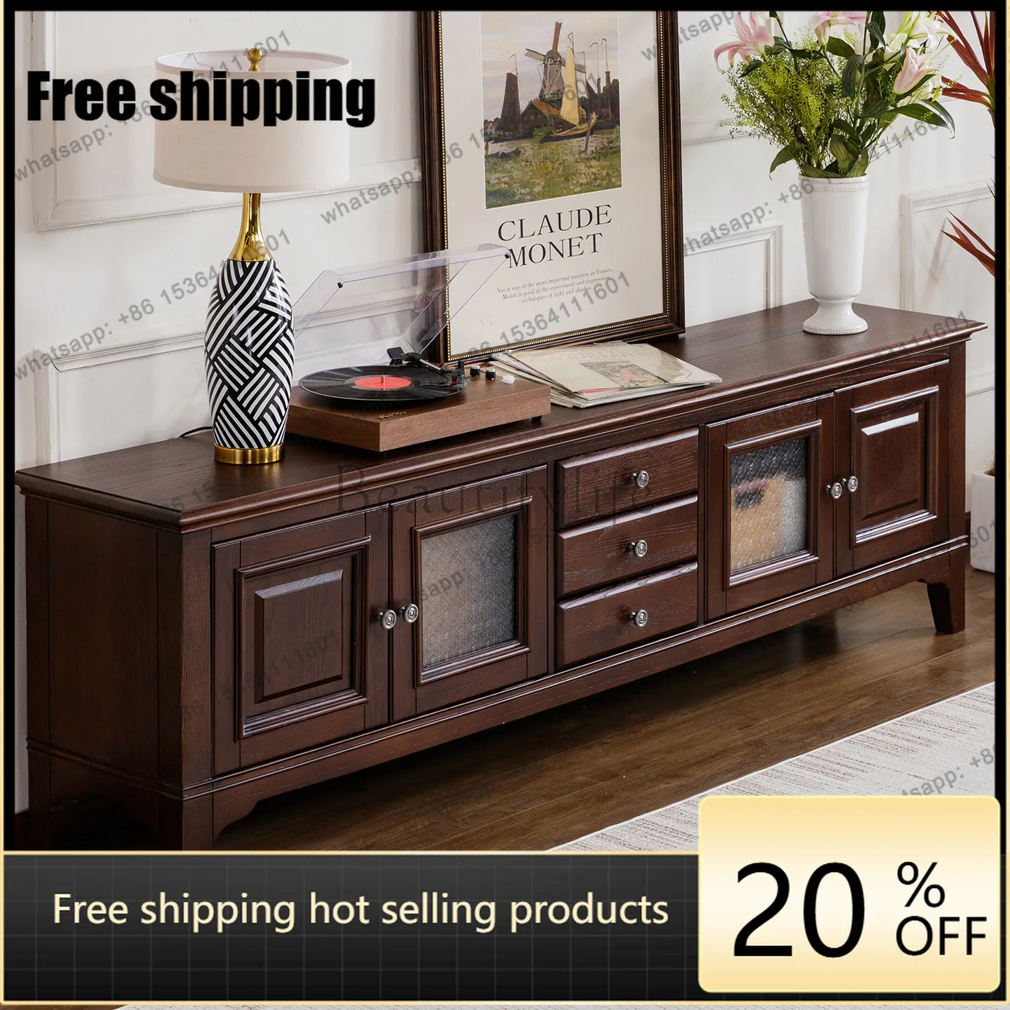 XX American all-solid wood TV cabinet ash wood living room home retro drawer storage floor cabinet