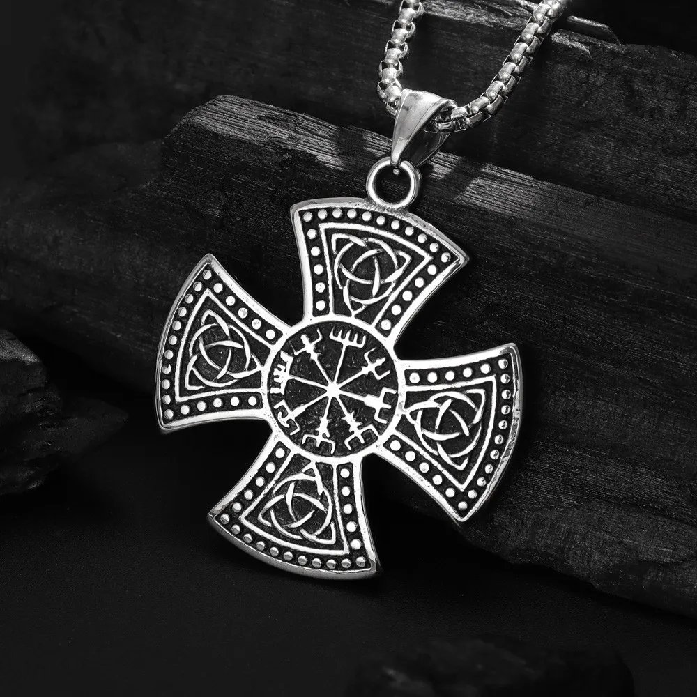 Retro Nordic Mythology Compass Cross Pendant Necklace Irish Celtic Trinity Knot Necklace Men's Personalized Lucky Jewelry