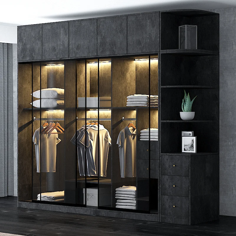 

Luxury Minimal Glass Door Wardrobe Sensor Light Sliding Door Bedroom Modern Simple Sliding Door Integrated Wardrobe