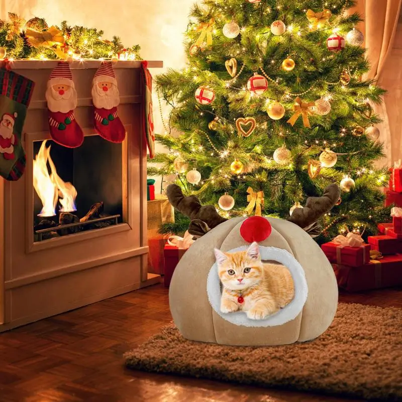 Christmas Reindeer Dog Nest With Soft Cushion Semi-Enclosed Cat House Bed Winter Warm Pet Cave Supplies For Puppy And Dogs