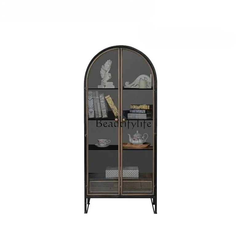 

Retro wrought iron glass bookcase against the wall floor arch frame collection cabinet multi-layer display cabinet