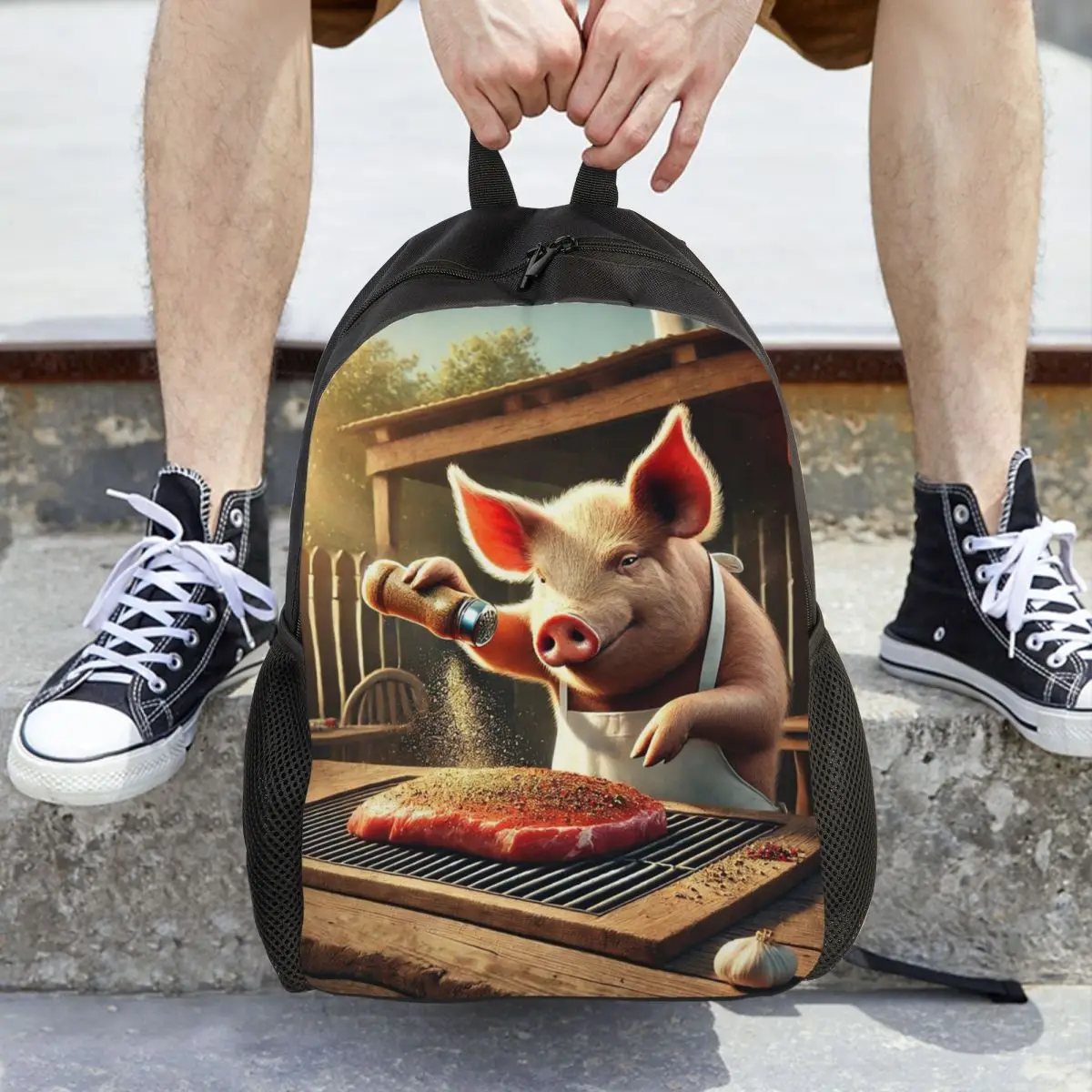 Cooking Pig Cartoon BBQ Scene Backpack Daypack Large Capacity Children BookBag School Bag Shoulder Bags for Men Women