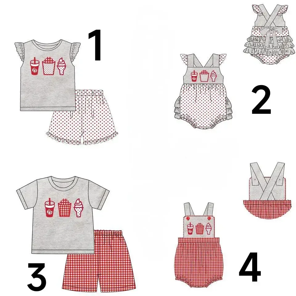 Toddler summer clothing boys and girls matching suit gray top red plaid pants cola chips print boutique baby girl pearl suit