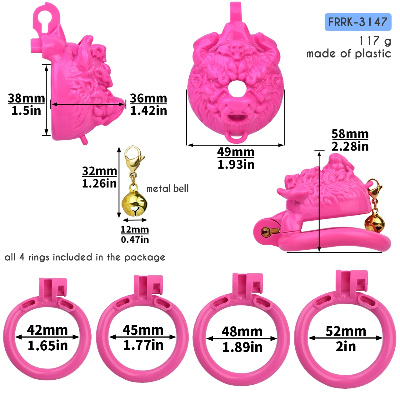 FRRK Plastic Animal Head Chastity Cage with Bell for Male 18+ Open Ending Urethral Cocklock Nylon Chastity Belt 요도 4 Penis Rings