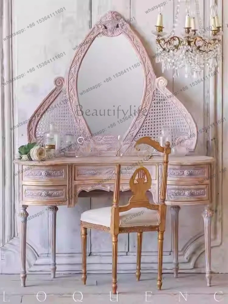 French antique gold dresser solid wood retro nostalgic rattan art log Roman column curved makeup table