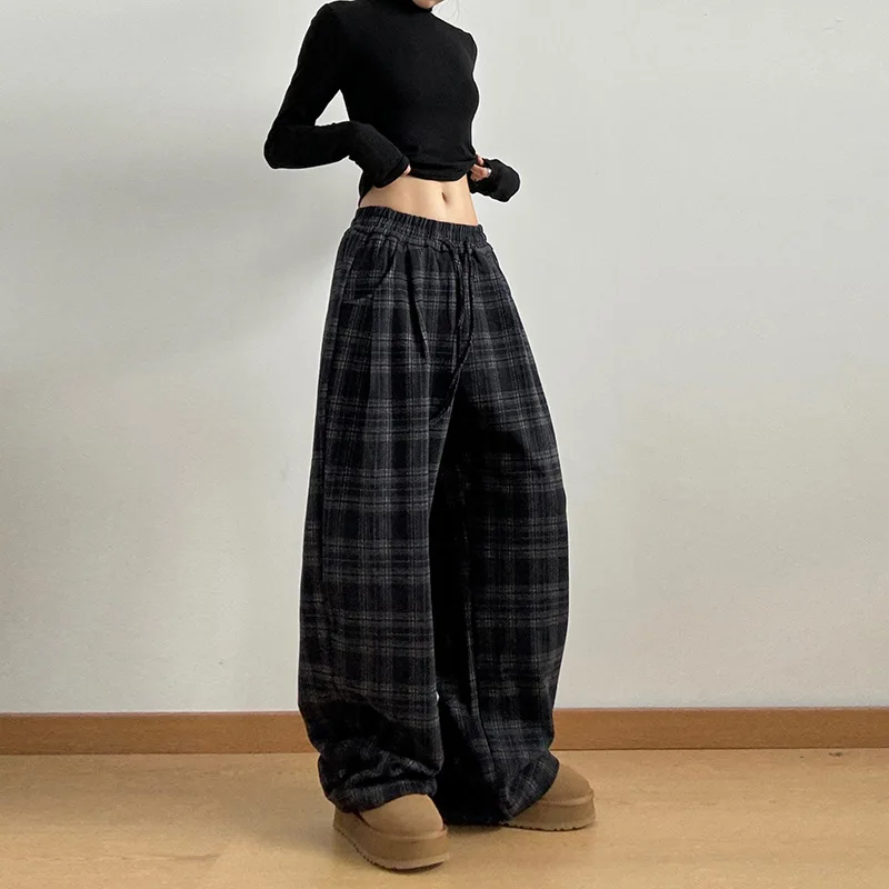Harajuku Black White Plaid Pants Women 2024 Oversized Wide Leg Trousers Female Korean Style High Waist Checkered Pants Female