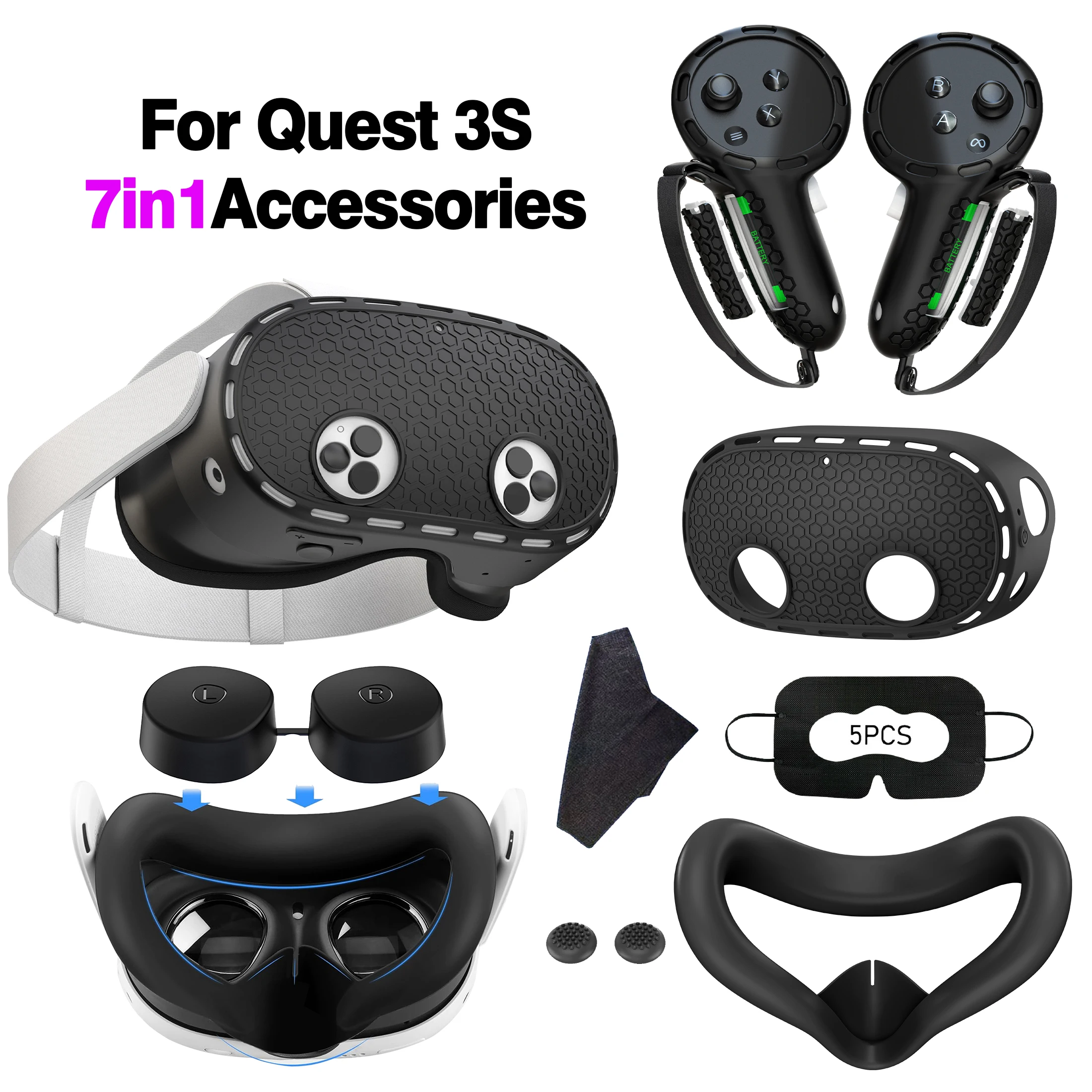 7in1 VR Accessories Kits for Meta Quest 3S Silicone Protective Cover VR Headset Lens Cap Protection Case for Meta Quest 3S