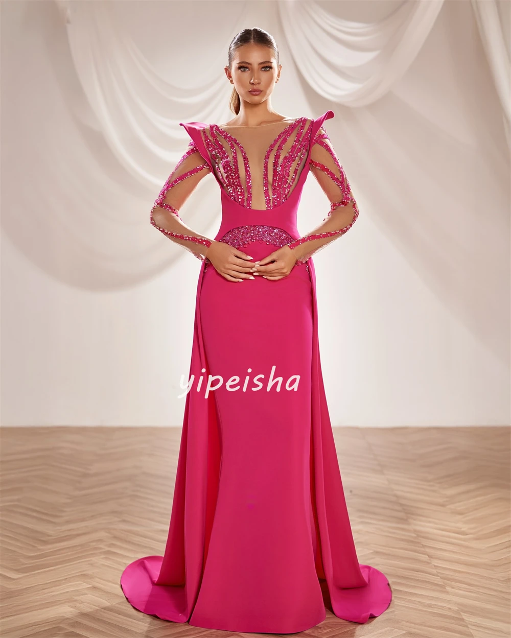 Personalizado de alta qualidade brilho jérsei beading plissado em linha reta colher pescoço vestidos longos sob medida vestidos de ocasião tamanhos disponíveis