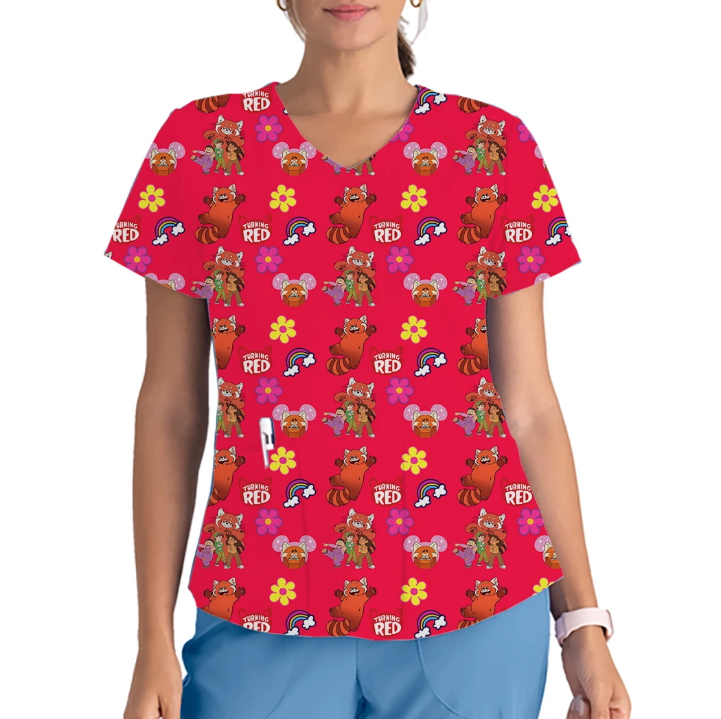 T-Shirt mit V-Ausschnitt, Taschenoberteil, Krankenschwesteruniform, T-Shirt, rote Damenbekleidung, Disney-Kollektion, Krankenhausoberteile, Damenoveralls