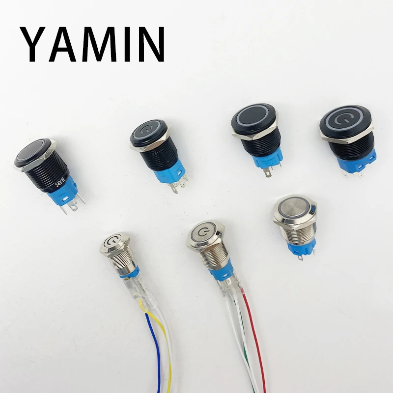 12/16/22mm Metal Push Button Switch 3-6V DIY With Wire For Computer PC Lamp Light Main Board Power Supply Black/Silver