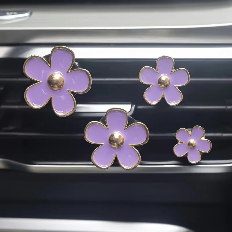 4pcs/set Alloy Cute Little Daisy Design Car Air Vent Perfume Diffuser Clips, Car Air Outlet Decoration Clip, Car Interior Deco