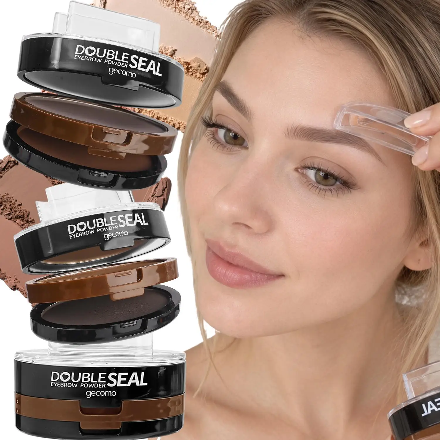 Double Seal Two Tone Eyebrow Powder Stamp with Brush Waterproof Sweat Resistant Lasting Smudge Proof Natural Brow Shaping Makeup