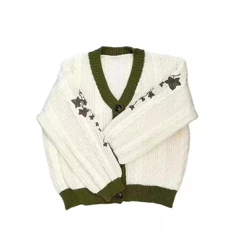 Women Winter Loose Knitted Cardigans Coat Leaves Embroidery Y2K Sweaters Streetwear Vintage Casual Single Breasted Jacket Tops