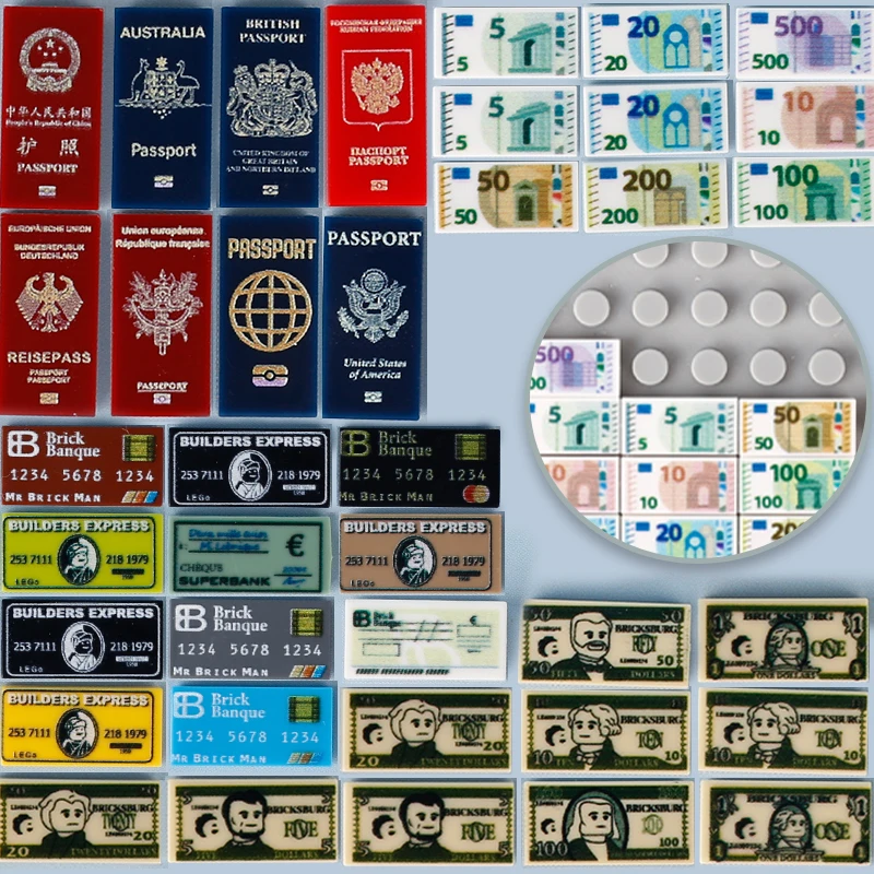 MOC City Dollar Euro Building Blocks Money Printed Tiles Bank Card Passport Bricks Toys Gift