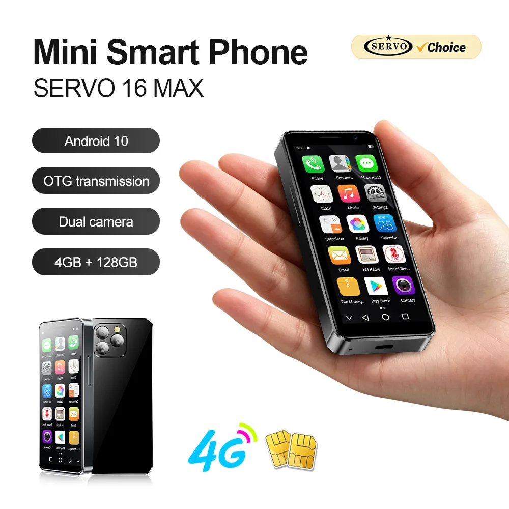 SERVO Mini Pocket Smartphone 4G LTE Android 10 4GB RAM 128GB ROM Dual SIM Face Unlock GPS OTG Small Mobile Phone Video Player