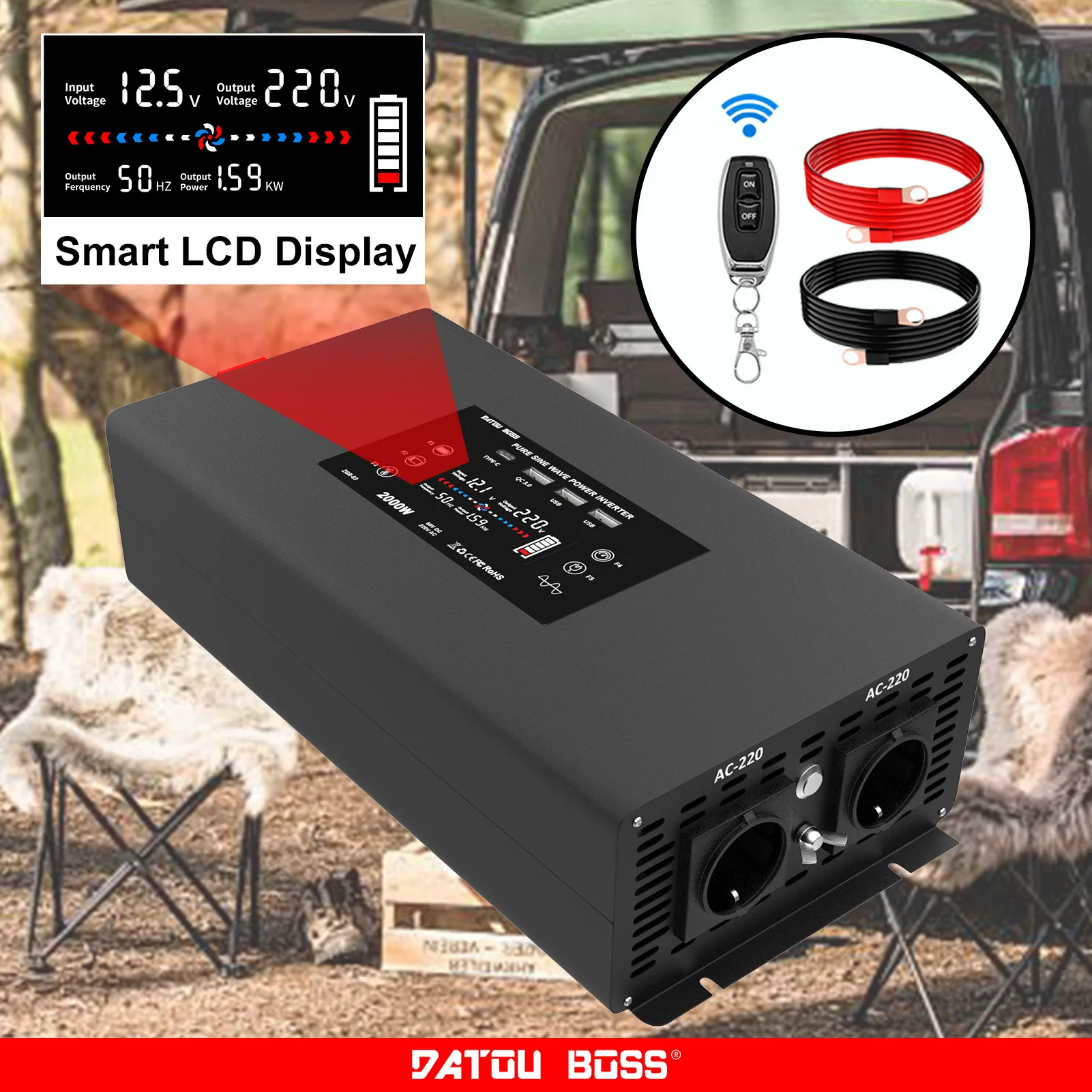 DATOU BOSS Inverter 12v 220v Pure Sine Module Continuous Power 2000W Peak Power 4000w Remote Control two EU Schuko Sockets TypeC