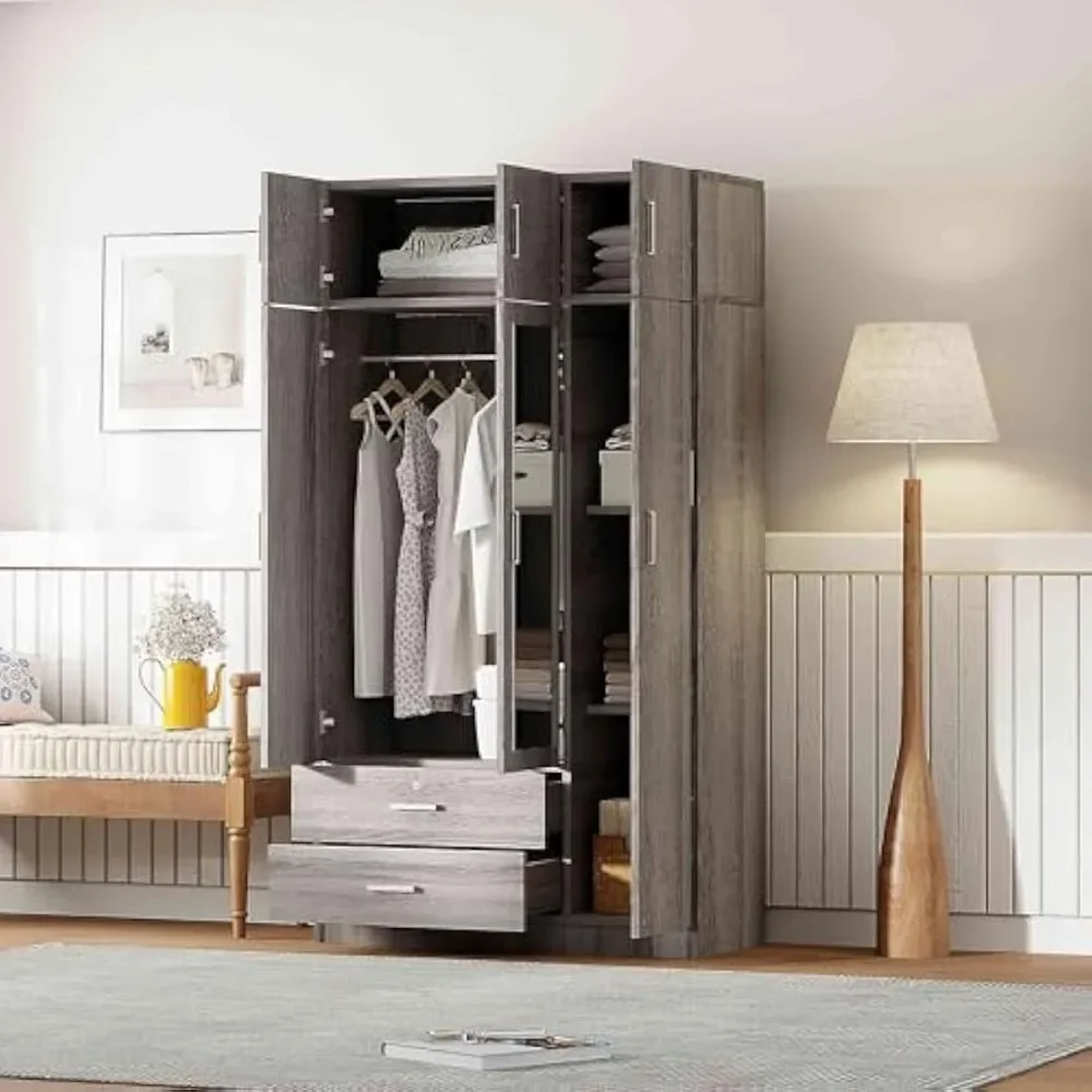 

3-Door Wardrobe Closet With 2 Drawers & Top Cabinets And Mirror, Freestanding Armoire W/Shelves, Bedroom Clothes Organizer, Gray