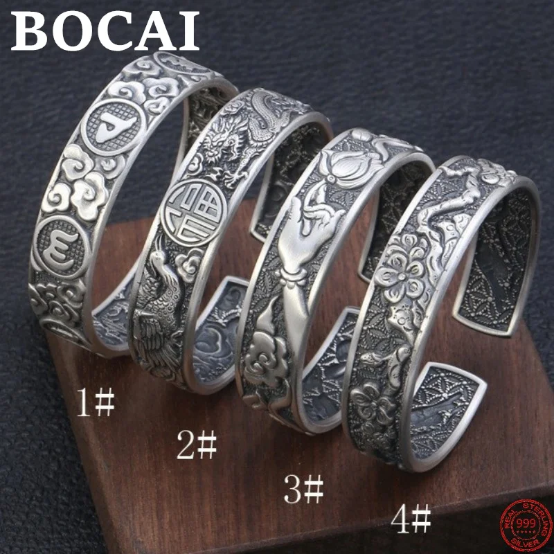 

BOCAI S999 Sterling Silver Bracelets Six Syllable Mantra Lotus Magpie DragonPhoenix Bangle Solid Argentum Hand Jewelry for Women