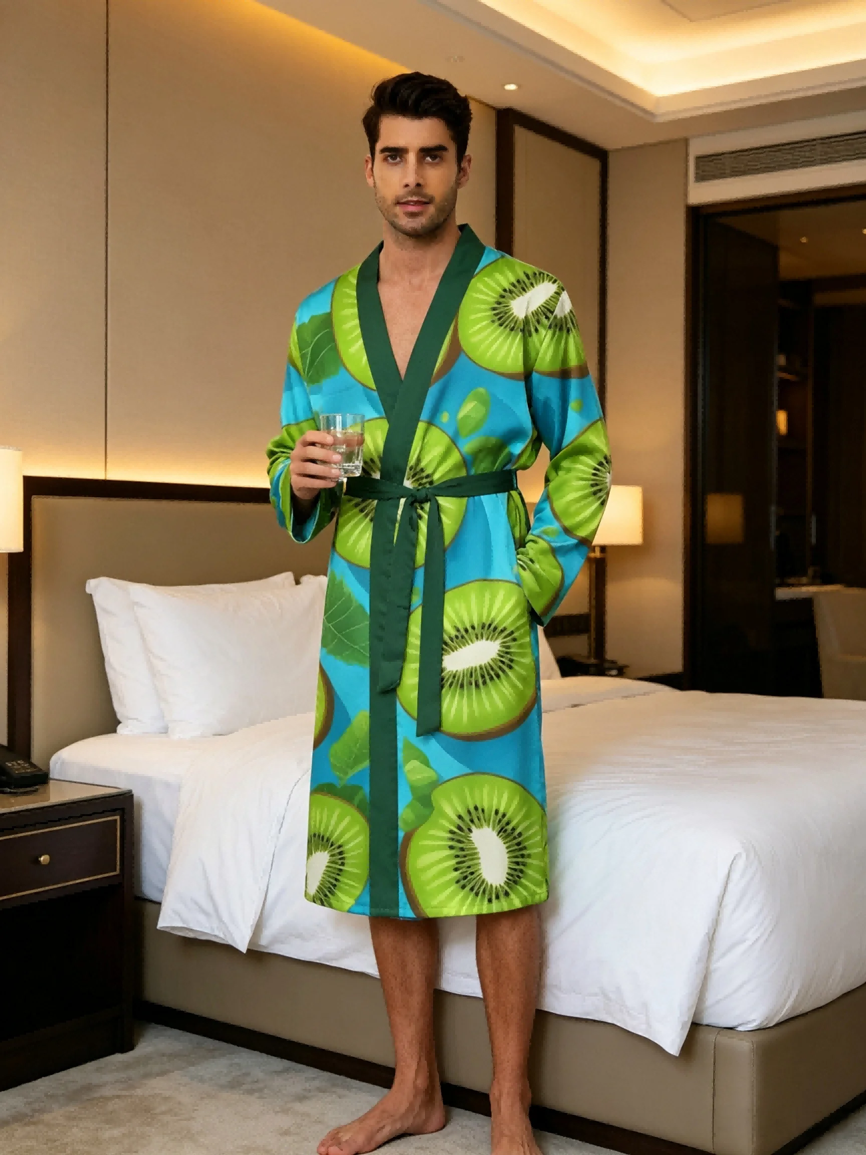 Men's lightweight quick-drying pajama bathrobe - 3D digital printing, non-fading design, stand-up collar and adjustable waistban